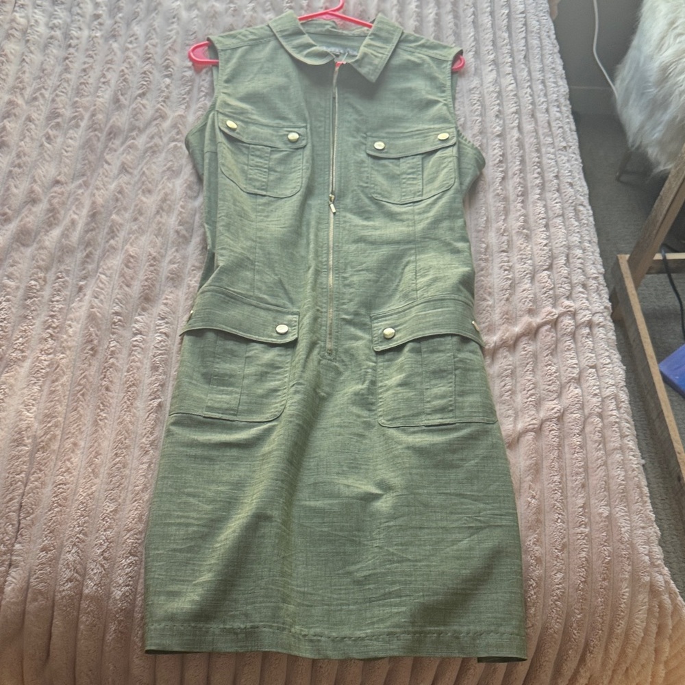 Sharagano Sage Green Zip-Up Midi Dress
